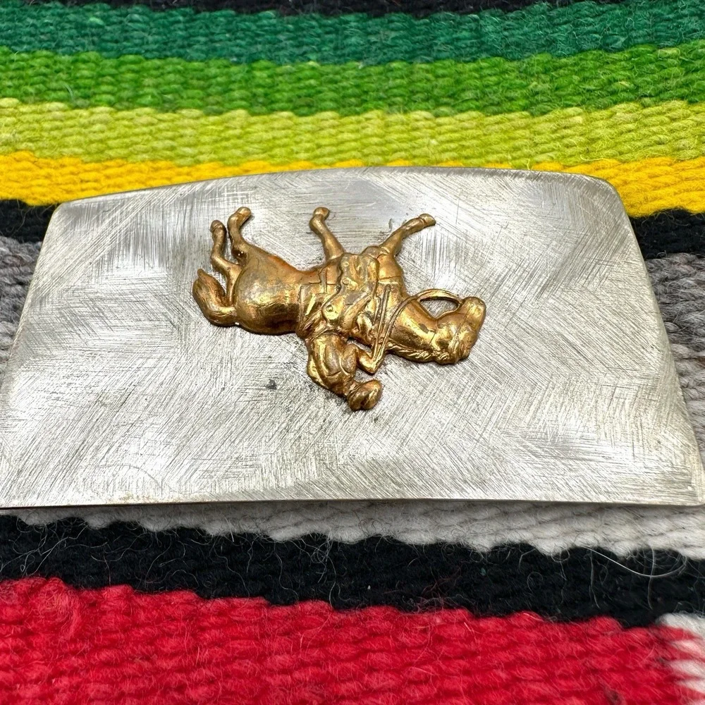 VTG Nickel Silver Brushed Belt Buckle Gold Cowboy Tone Horse Rider Western